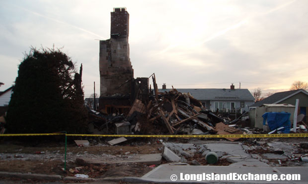 This home in Lindenhurst, N.Y. was burned to the ground with nothing left but its chimney to be seen.