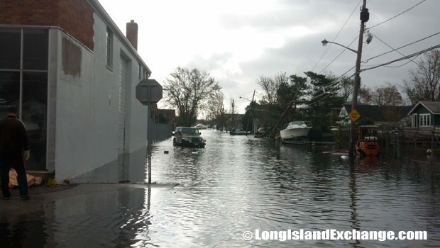 flooded side street south of Montauk Highway in Lindenhurst, N.Y. 